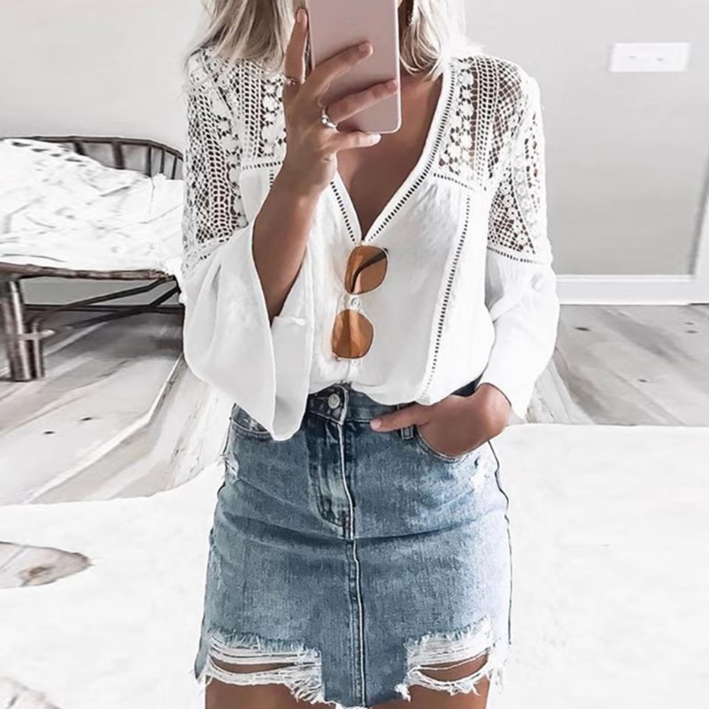 Boho White Lace Button Down Semi Sheer 3/4 sleeve Blouse - Picture 2 of 4